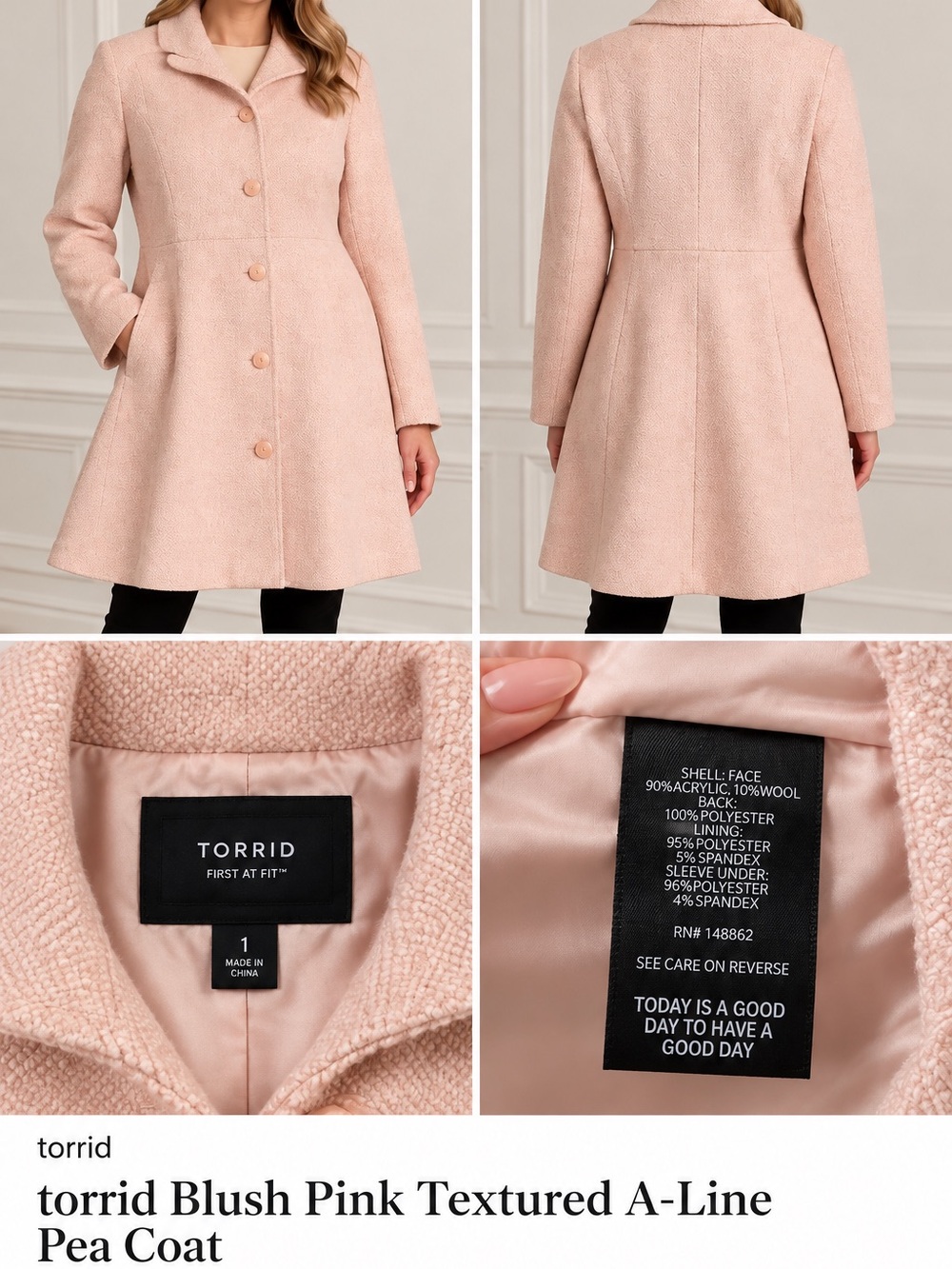 Torrid Blush Pink Textured A-Line Pea Coat Size 1